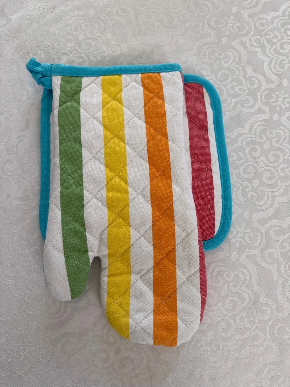 Williams Sonoma Striped Oven Mitt and Pot Holder Set in Teal Trim